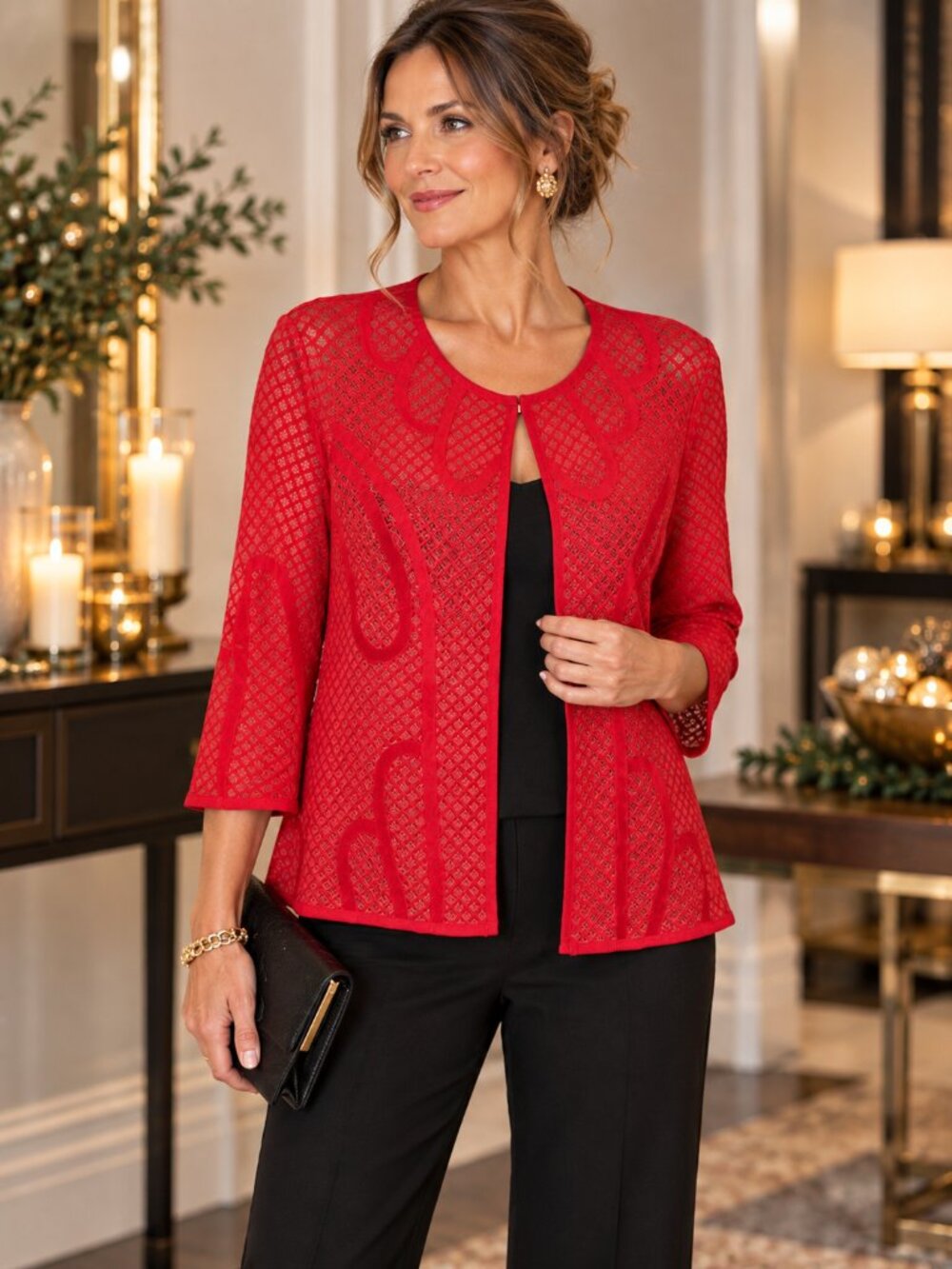 MING WANG Red Sheer Mesh Jacquard Knit Cardigan Jacket Large Petite Holiday